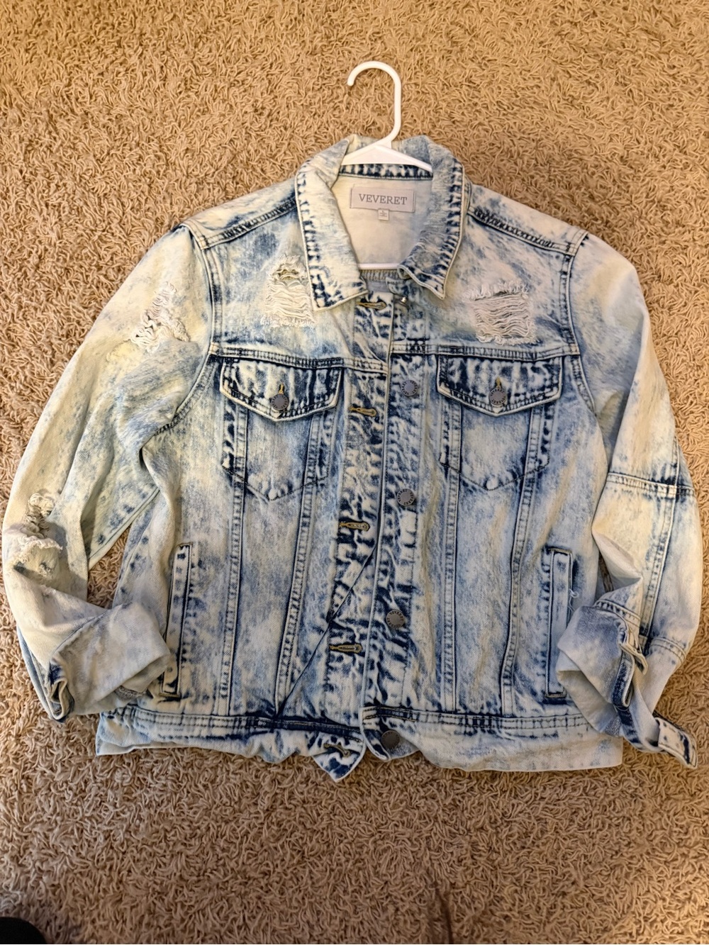 Veveret Light Blue Acid-Wash Distressed Denim Jacket - Women's